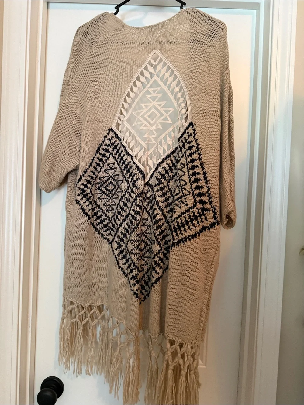Maurices Beige Fringe Open Knit Cardigan with Navy Pattern